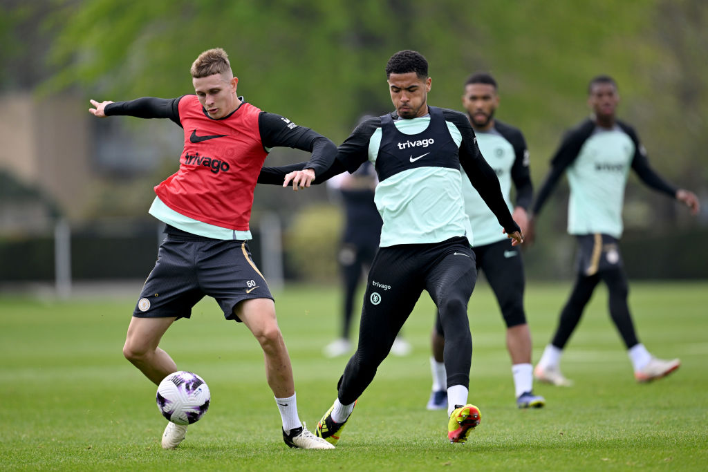 Jimi Tauriainen and Levi Colwill of Chelsea during a training session at Chelsea Training Ground on May 1, 2024 in Cobham, England.