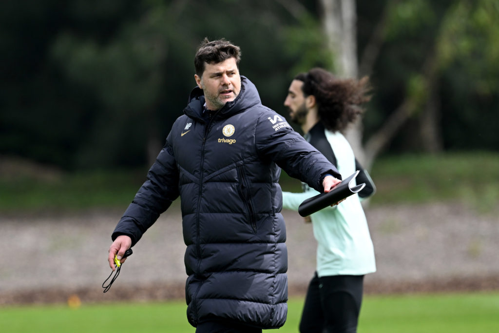 Head Coach Mauricio Pochettino of Chelsea during a training session at Chelsea Training Ground on May 1, 2024 in Cobham, England.