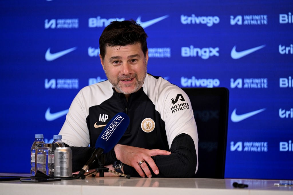 Head Coach Mauricio Pochettino of Chelsea during a press conference at Chelsea Training Ground on May 1, 2024 in Cobham, England.