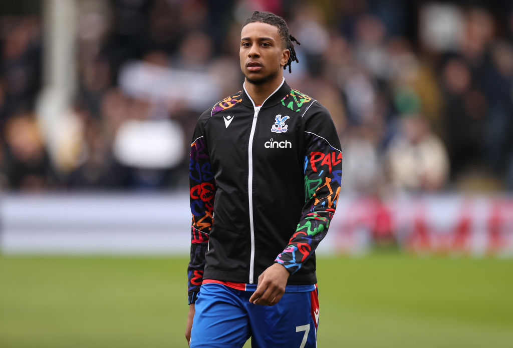 Michael Olise of Crystal Palace walks onto the field during the Premier League match between Fulham FC and Crystal Palace at Craven Cottage on Apri...