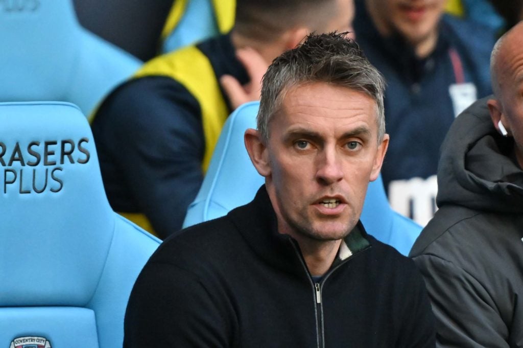 Manager Kieran McKenna of Ipswich Town is watching the Sky Bet Championship match between Coventry City and Ipswich Town at the Coventry Building S...