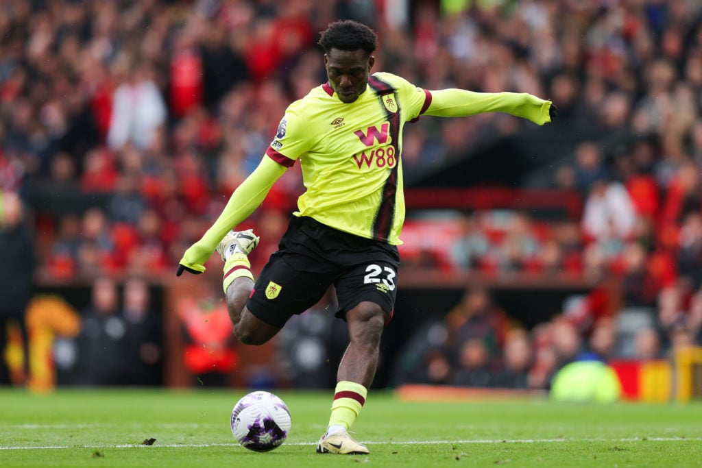 David Datro Fofana of Burnley during the Premier League match between Manchester United and Burnley FC at Old Trafford on April 27, 2024 in Manches...