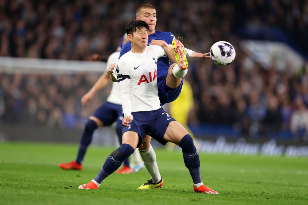 Son Heung-Min of Tottenham Hotspur battles with Alfie Gilchrist of Chelsea during the Premier League match between Chelsea FC and Tottenham Hotspur...