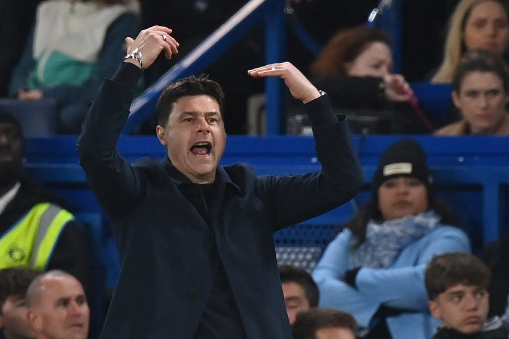 Chelsea's Argentinian head coach Mauricio Pochettino gestures on the touchline during the English Premier League football match between Chelsea and...