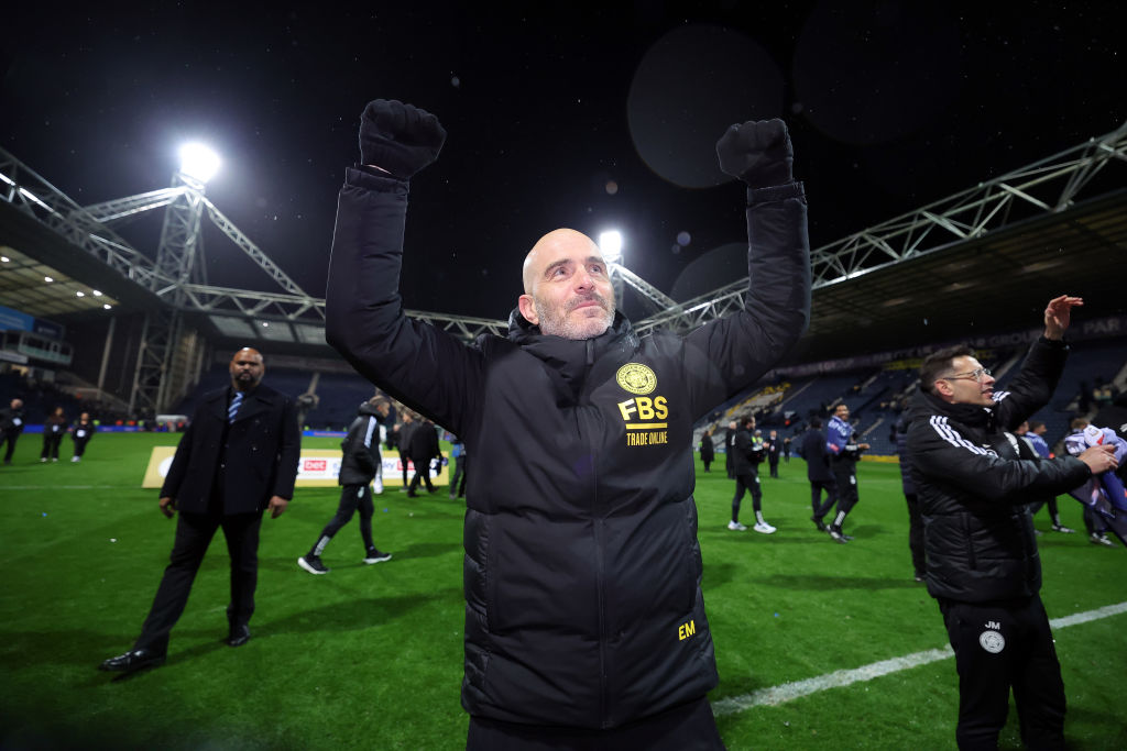 Enzo Maresca, Manager of Leicester City, celebrates victory whilst showing appreciation to the fans at full-time following the team's victory and t...