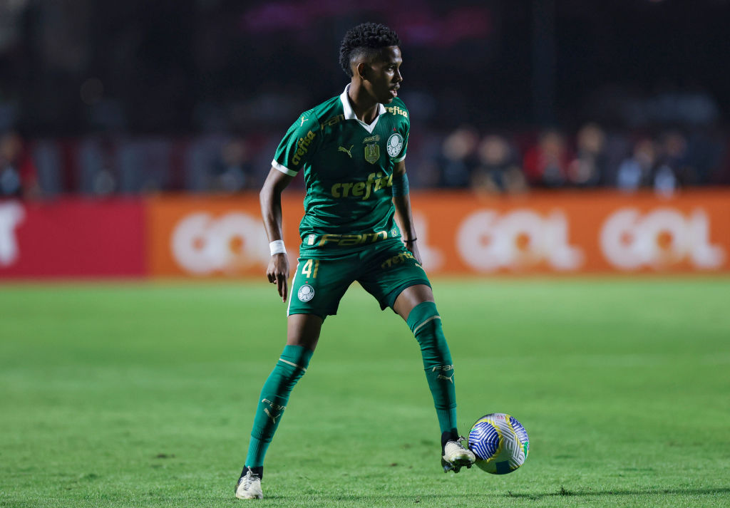 Estevao of Palmeiras controls the ball during a match between Sao Paulo and Palmeiras as part of Brasileirao Series A at Morumbi Stadium on April 2...