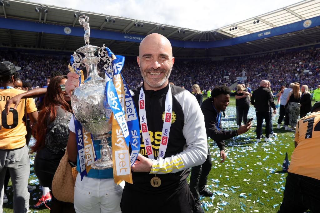 Leicester City Manager Enzo Maresca poses with the Sky Bet Championship trophy after the Sky Bet Championship match between Leicester City and Blac...