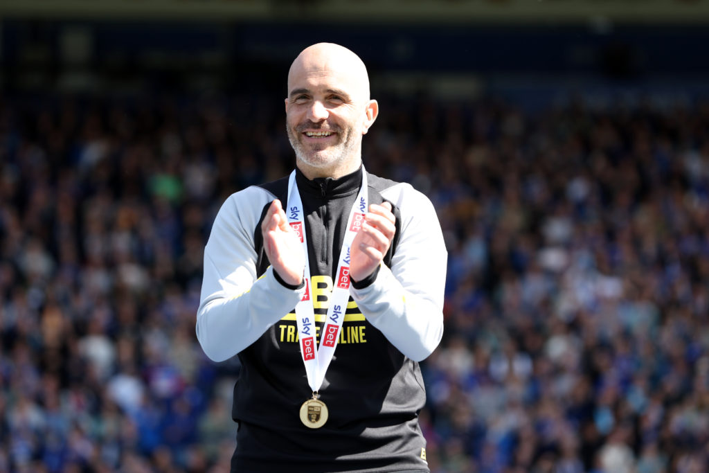 Leicester City Manager Enzo Maresca with his Sky Bet Championship medal after the Sky Bet Championship match between Leicester City and Blackburn R...