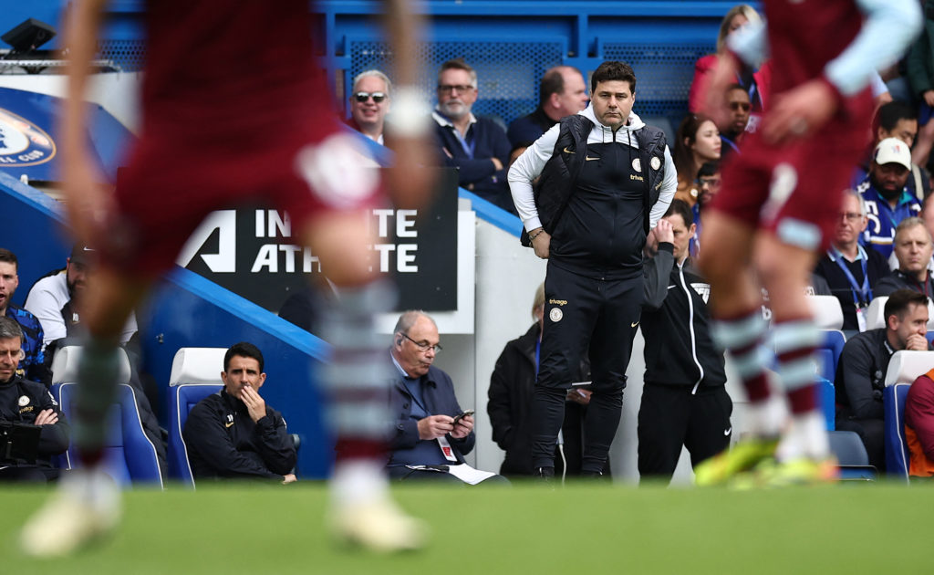 Chelsea's Argentinian head coach Mauricio Pochettino watches the players from the touchline during the English Premier League football match betwee...