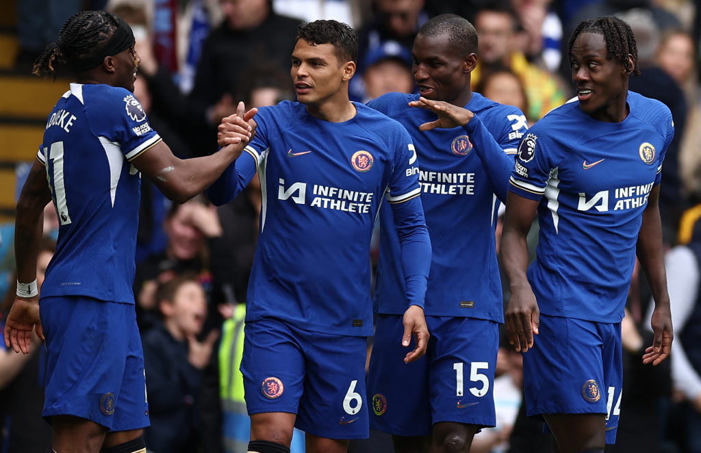 Chelsea's Senegalese striker #15 Nicolas Jackson (2R) celebrates scoring the team's fourth goal with Chelsea's English midfielder #11 Noni Madueke ...