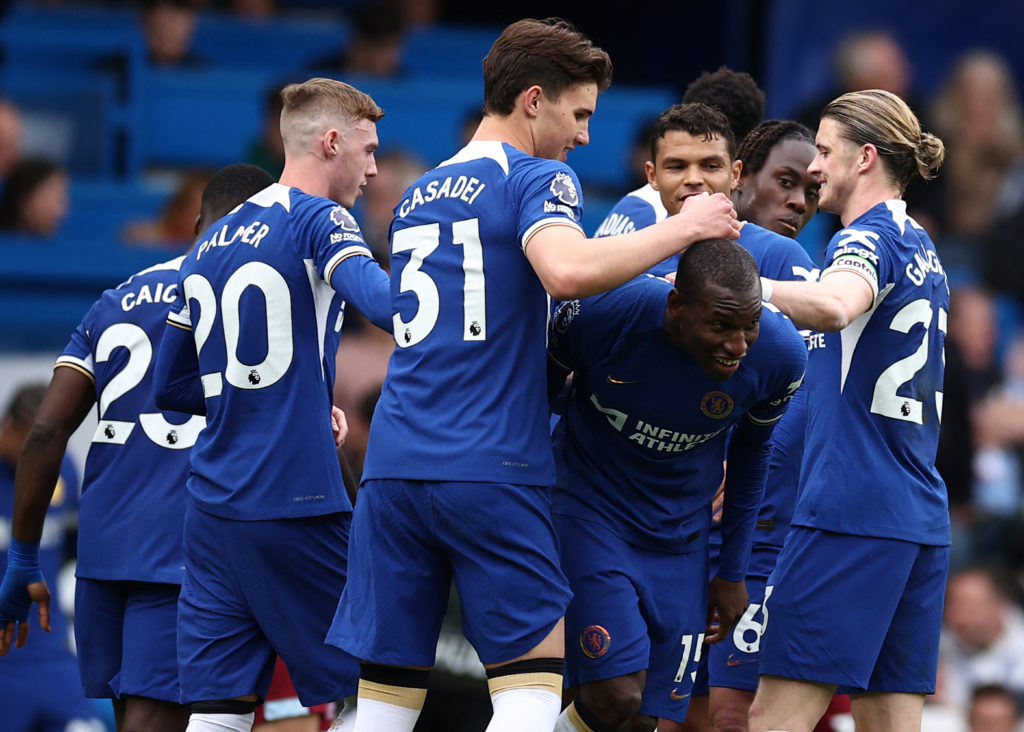 Chelsea's Senegalese striker #15 Nicolas Jackson (2R) celebrates scoring the team's fifth goal, following a VAR review, during the English Premier ...