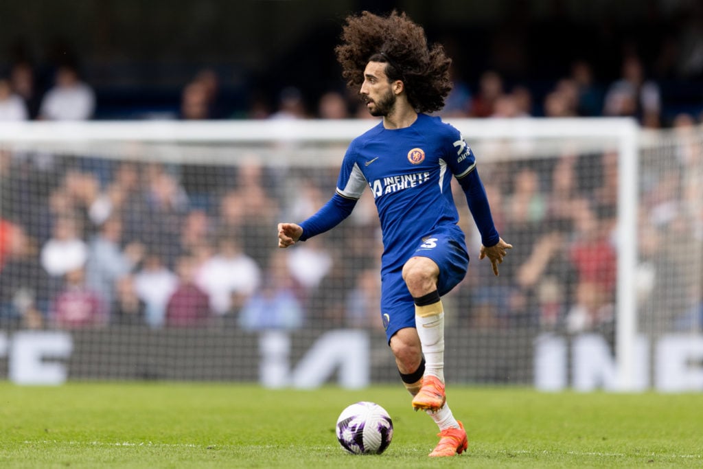 Marc Cucurella of Chelsea controls the ball during the Premier League match between Chelsea FC and West Ham United at Stamford Bridge on May 5, 202...