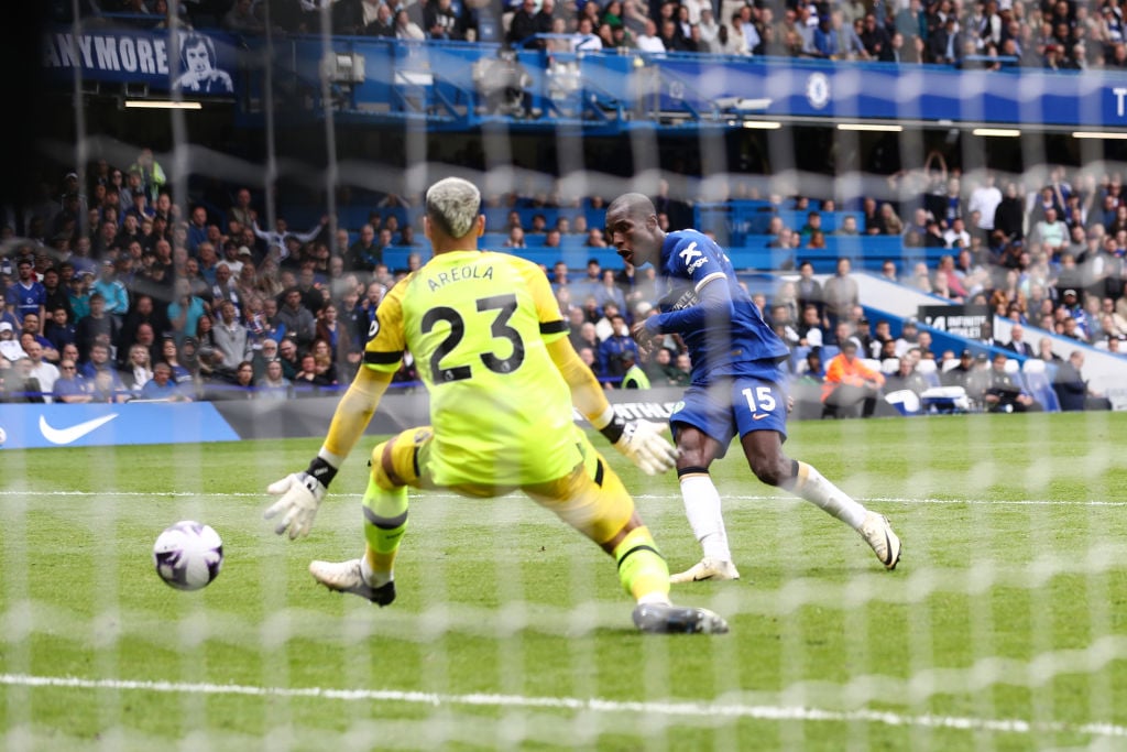 Nicolas Jackson of Chelsea scores their fifth goal during the Premier League match between Chelsea FC and West Ham United at Stamford Bridge on May...