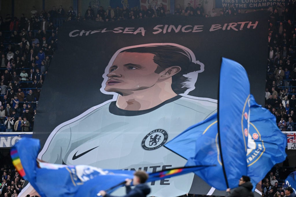 A general view as fans of Chelsea raise a banner which reads 