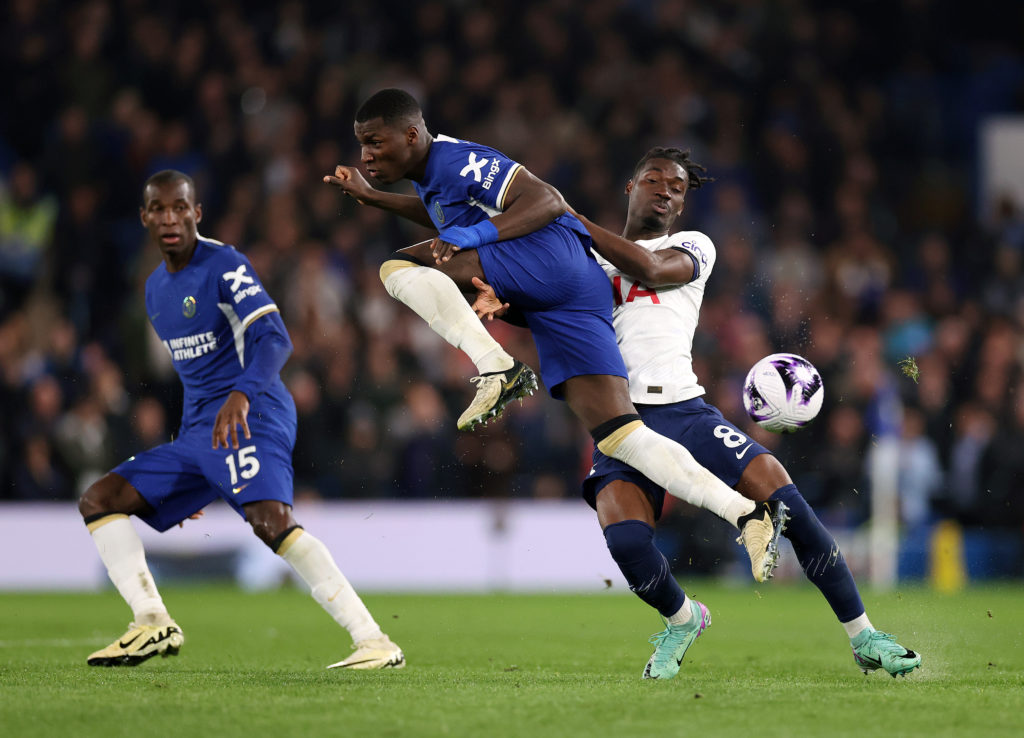 Moises Caicedo of Chelsea challenges Yves Bissouma of Tottenham Hotspur during the Premier League match between Chelsea FC and Tottenham Hotspur at...