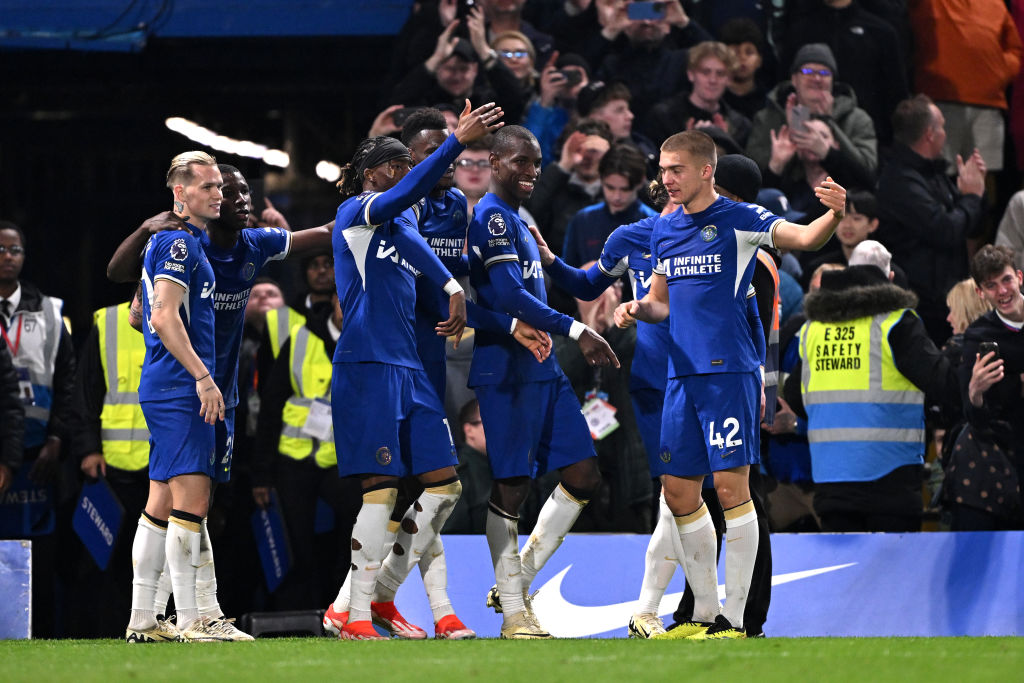 Nicolas Jackson of Chelsea celebrates scoring his team's second goal with teammates during the Premier League match between Chelsea FC and Tottenha...