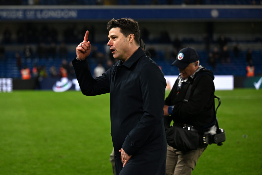 Mauricio Pochettino, Manager of Chelsea, gestures after the Premier League match between Chelsea FC and Tottenham Hotspur at Stamford Bridge on May...