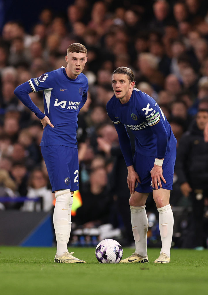 Cole Palmer of Chelsea and Conor Gallagher of Chelsea prepare to take a free kick during the Premier League match between Chelsea FC and Tottenham ...