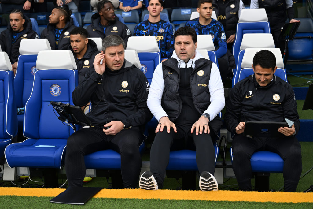 Mauricio Pochettino, Manager of Chelsea, looks on prior to the Premier League match between Chelsea FC and West Ham United at Stamford Bridge on Ma...