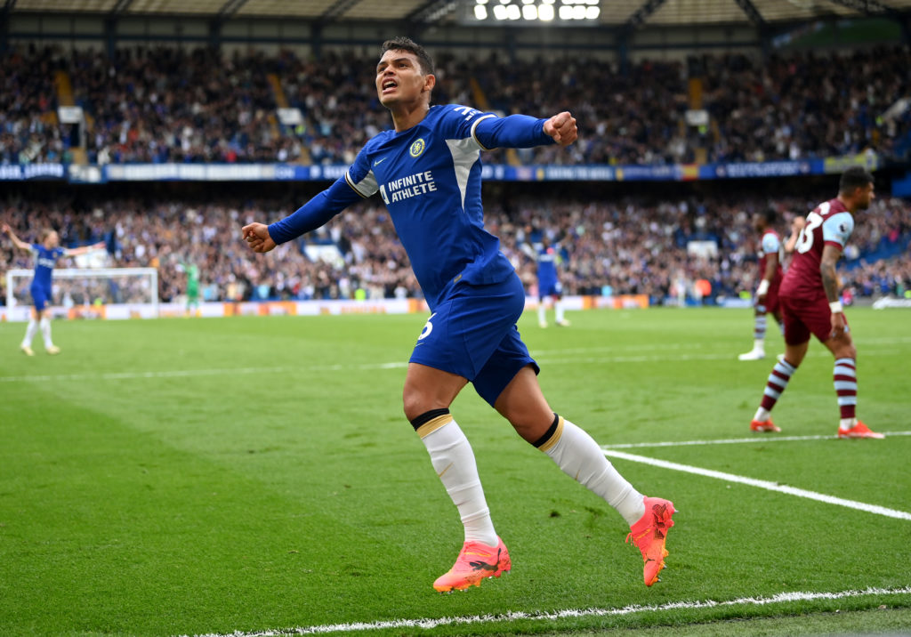 Thiago Silva of Chelsea celebrates his team's third goal scored by teammate Noni Madueke (not pictured) during the Premier League match between Che...