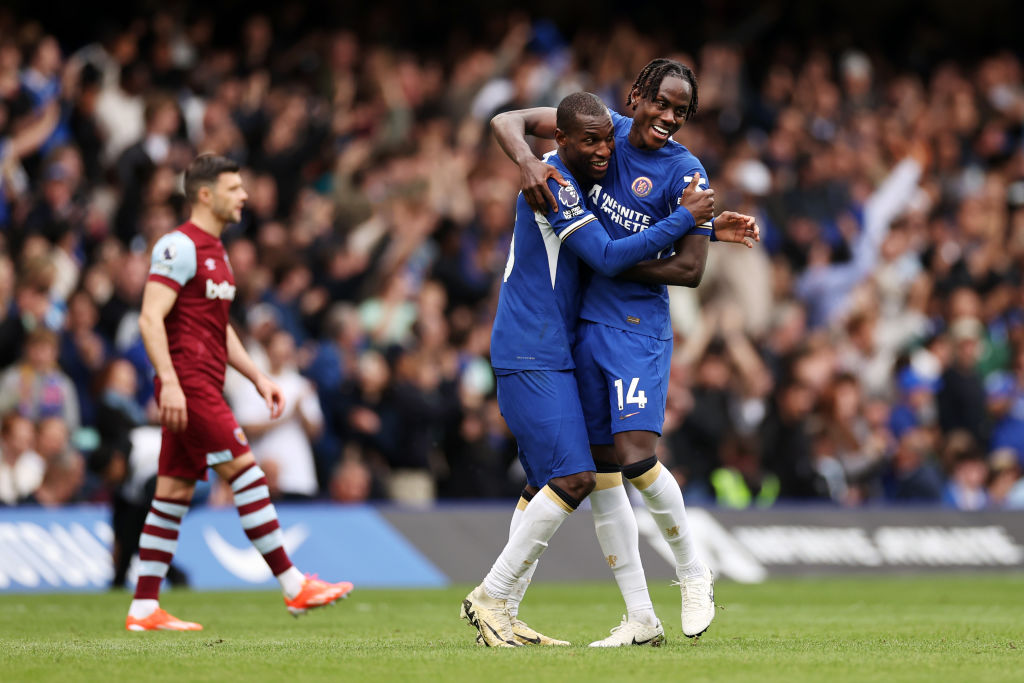 Nicolas Jackson of Chelsea celebrates scoring his team's fifth goal with teammate Trevoh Chalobah during the Premier League match between Chelsea F...
