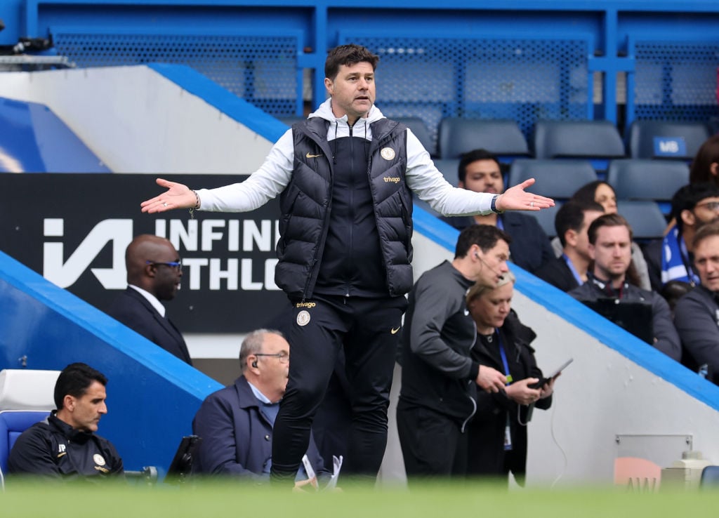 Mauricio Pochettino the head coach / manager of Chelsea reacts during the Premier League match between Chelsea FC and West Ham United at Stamford B...