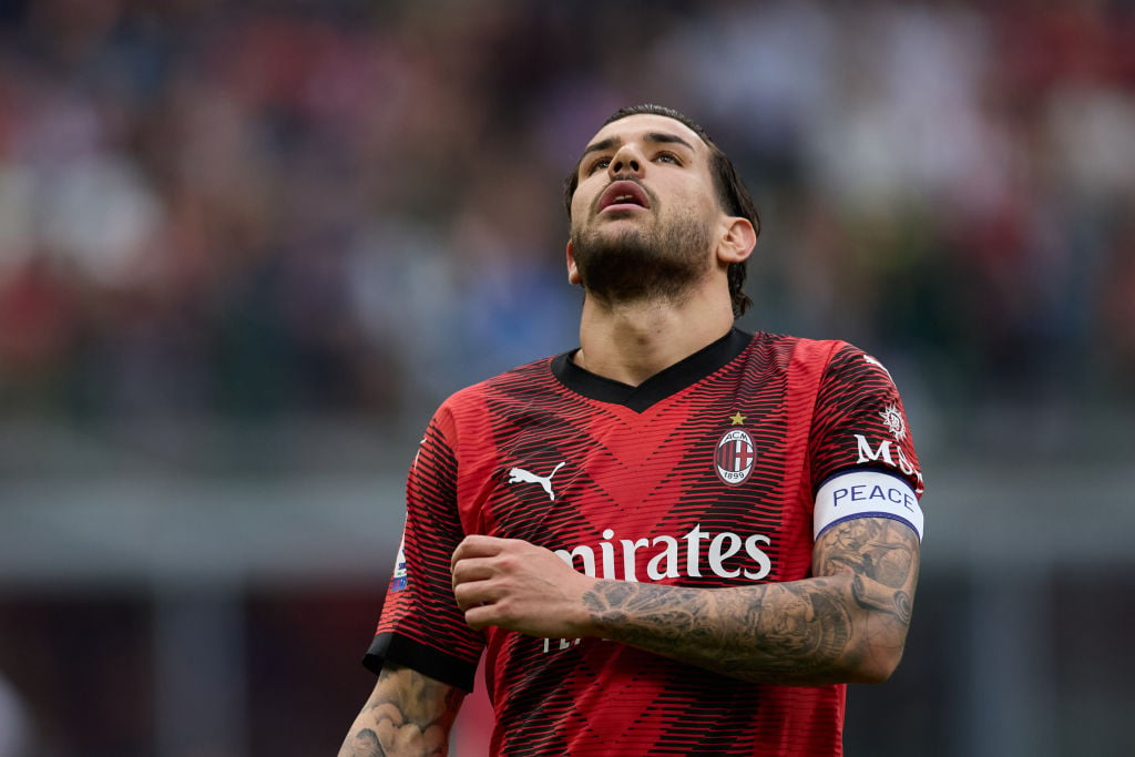 Theo Hernandez of AC Milan reacts during the Serie A TIM match between AC Milan and Genoa CFC at Stadio Giuseppe Meazza on May 05, 2024 in Milan, I...