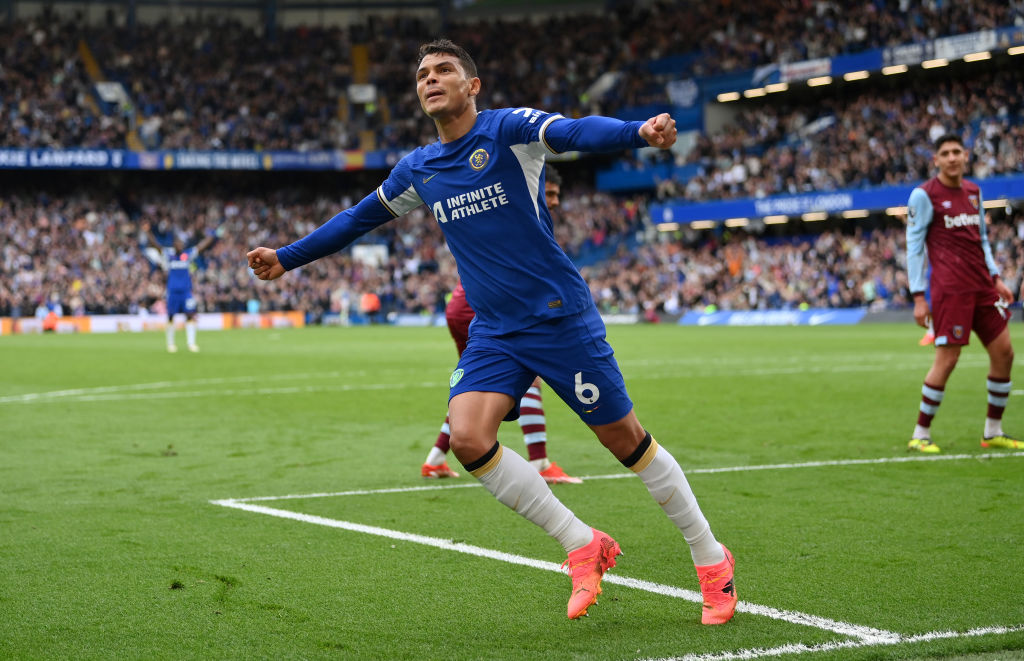 Thiago Silva of Chelsea celebrates his team's third goal scored by teammate Noni Madueke (not pictured) during the Premier League match between Che...