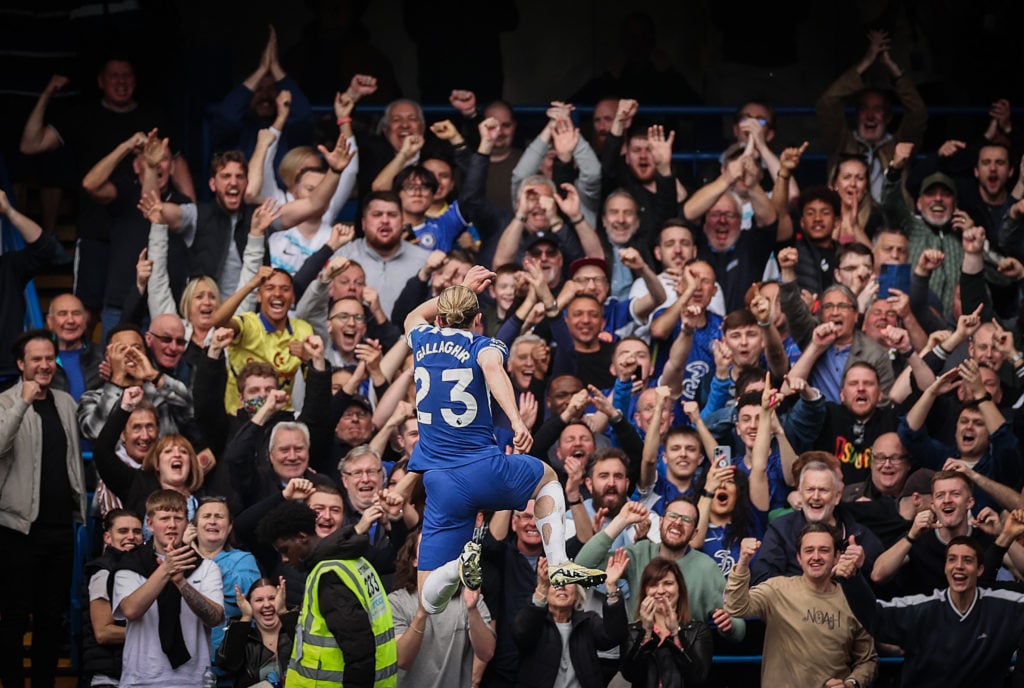 Conor Gallagher of Chelsea celebrates after scoring his teams second goal during the Premier League match between Chelsea FC and West Ham United at...