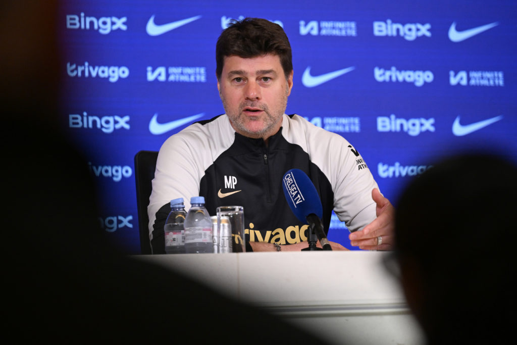 Head Coach Mauricio Pochettino of Chelsea speaks during a press conference at Cobham Training Ground on May 10, 2024 in Cobham, England.