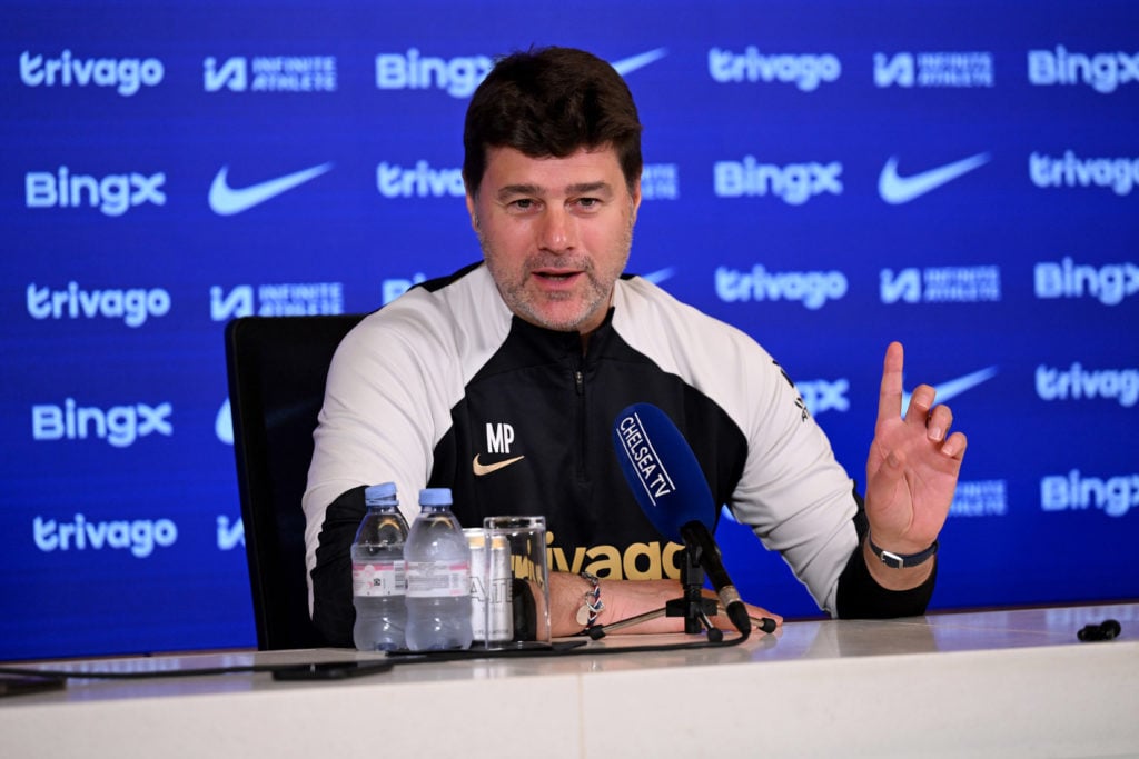 Head Coach Mauricio Pochettino of Chelsea speaks during a press conference at Cobham Training Ground on May 10, 2024 in Cobham, England.