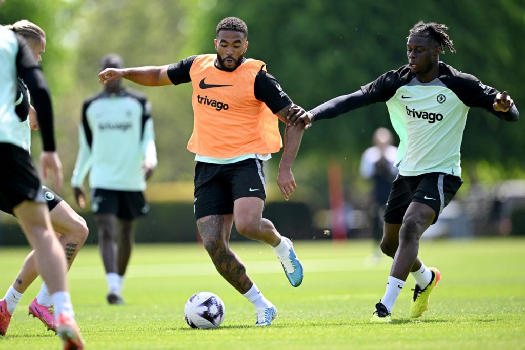 Reece James and Lesley Ugochukwu of Chelsea during a training session at Cobham Training Ground on May 10, 2024 in Cobham, England.