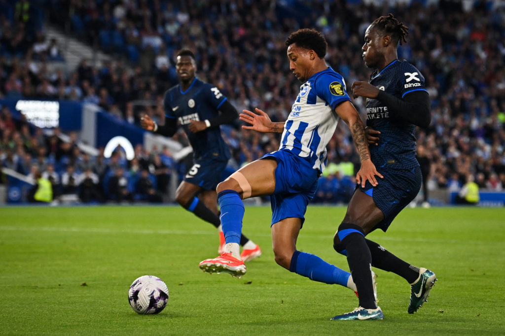 Brighton's Brazilian striker #09 Joao Pedro (L) fights for the ball with Chelsea's English defender #14 Trevoh Chalobah during the English Premier ...