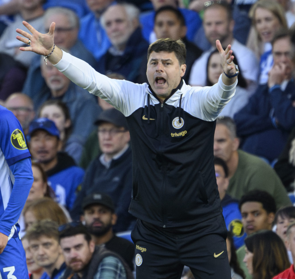 Chelsea manager Mauricio Pochettino shouts instructions to his team from the technical area during the Premier League match between Brighton & ...