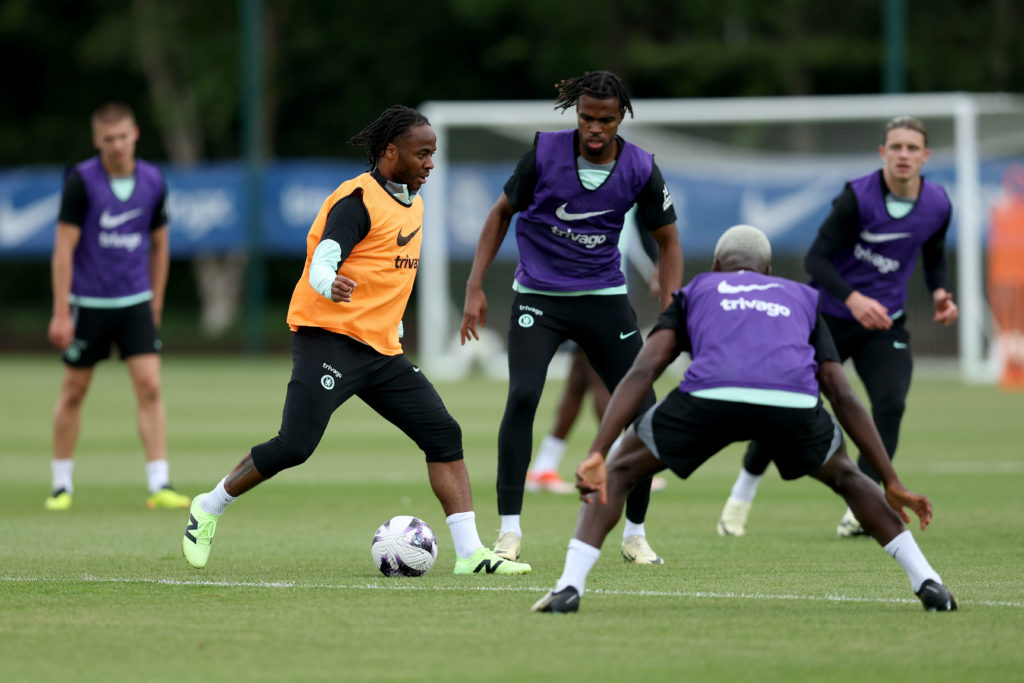 Raheem Sterling of Chelsea during the Chelsea Training Session and Press conference at Chelsea Training Ground on May 14, 2024 in Cobham, England.