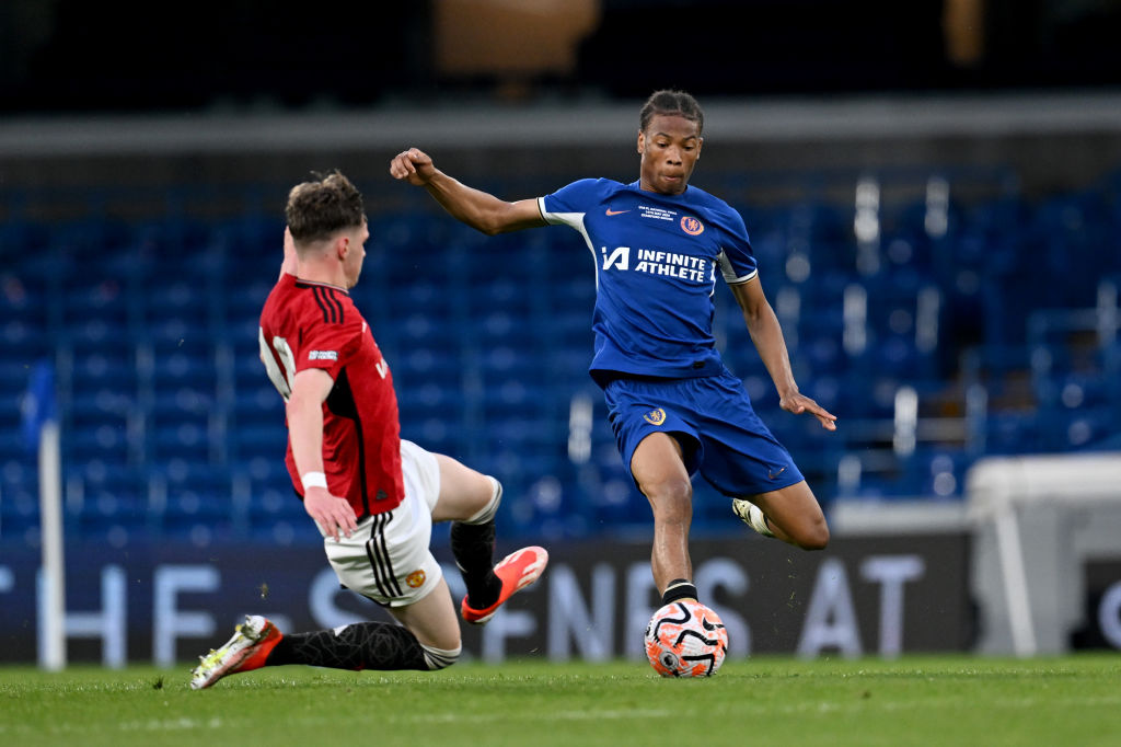 Ishe Samuels-Smith of Chelsea battles with Jack Fletcher of Man Utd during the U18 Premier League Final match between Chelsea U18 and Manchester Un...