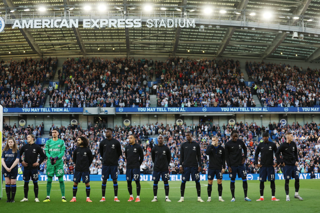 Players of Chelsea line up ahead of kick-off prior to the Premier League match between Brighton & Hove Albion and Chelsea FC at American Expres...