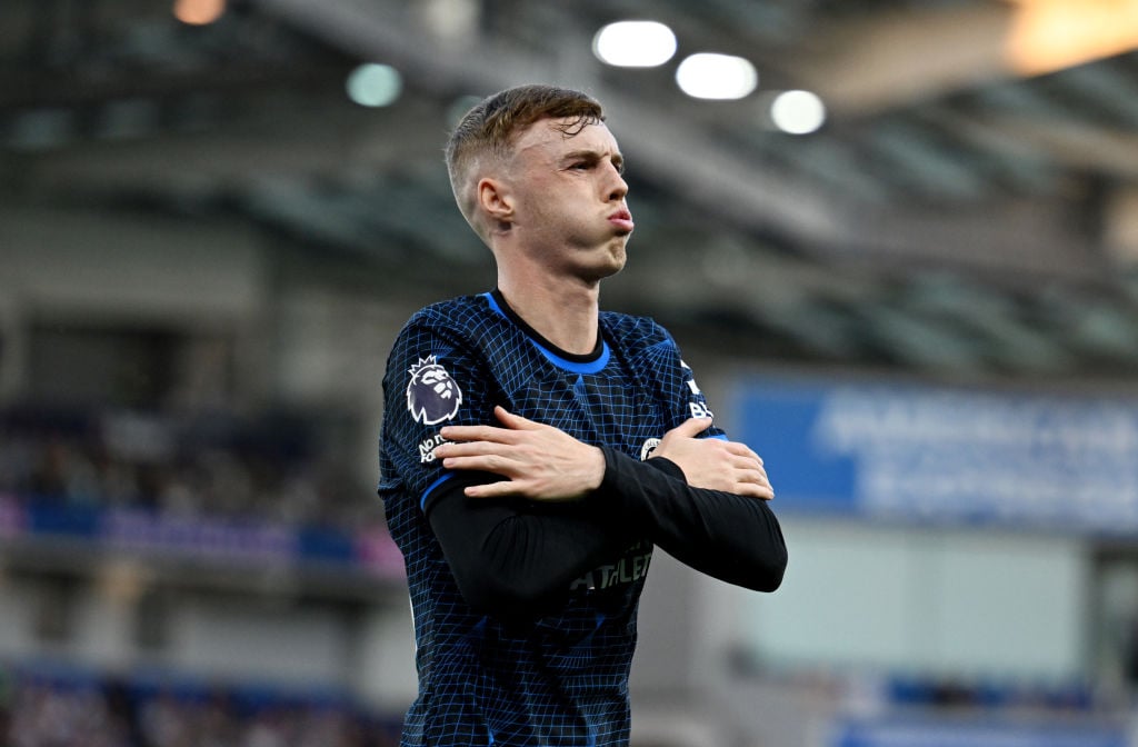 Cole Palmer of Chelsea celebrates scoring his team's first goal during the Premier League match between Brighton & Hove Albion and Chelsea FC a...