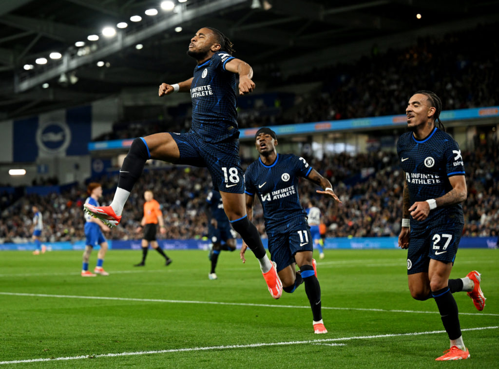 Christopher Nkunku of Chelsea celebrates scoring his team's second goal during the Premier League match between Brighton & Hove Albion and Chel...
