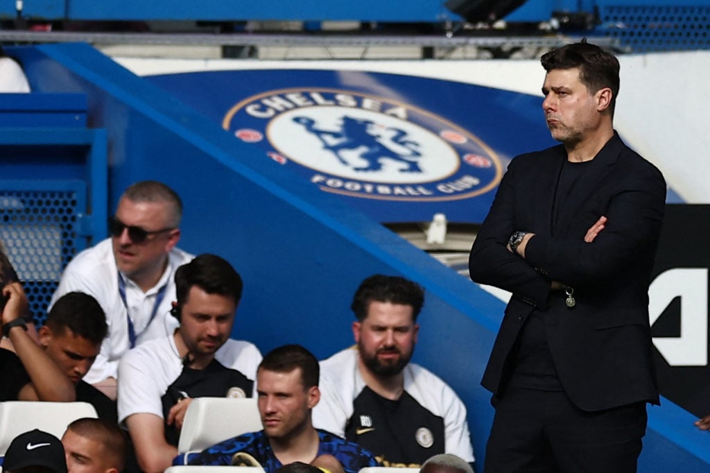 Chelsea's Argentinian head coach Mauricio Pochettino reacts during the English Premier League football match between Chelsea and Bournemouth at Sta...