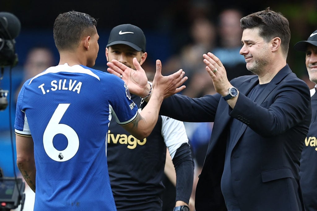 Chelsea's Argentinian head coach Mauricio Pochettino (R) greets Chelsea's Brazilian defender #06 Thiago Silva following the English Premier League ...