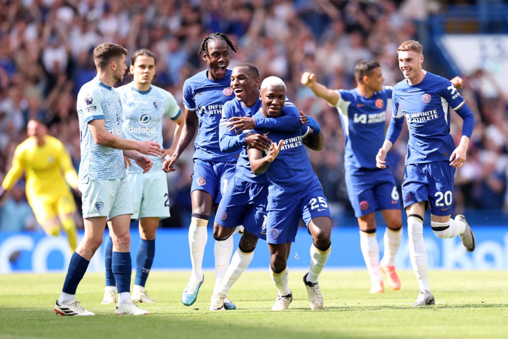 Moises Caicedo of Chelsea celebrates with Nicolas Jackson of Chelsea after scoring his team's first goal during the Premier League match between Ch...