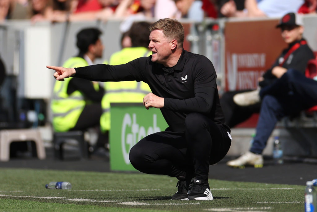 Eddie Howe, Manager of Newcastle United, gestures during the Premier League match between Brentford FC and Newcastle United at Brentford Community ...