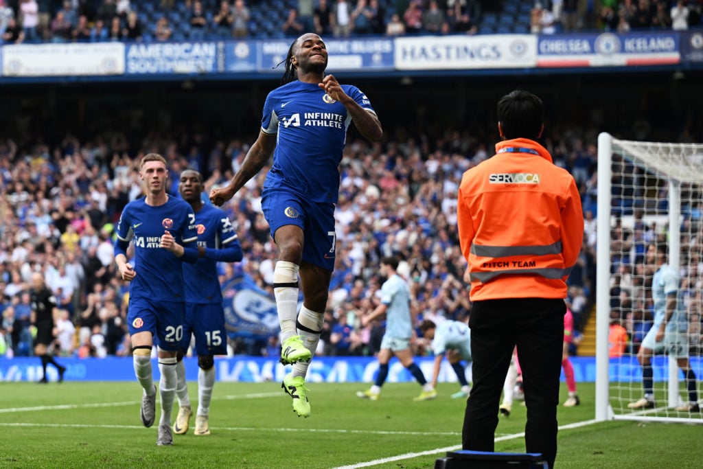 Raheem Sterling of Chelsea celebrates scoring his team's second goal during the Premier League match between Chelsea FC and AFC Bournemouth at Stam...