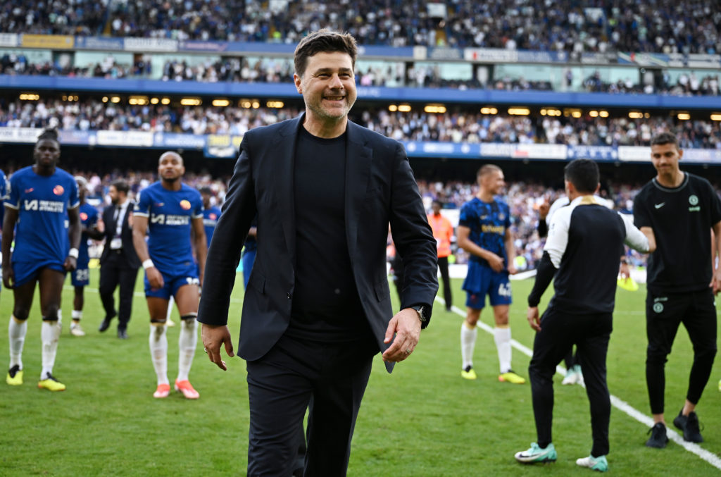 Mauricio Pochettino, Manager of Chelsea, reacts at full-time following the team's victory in the Premier League match between Chelsea FC and AFC Bo...