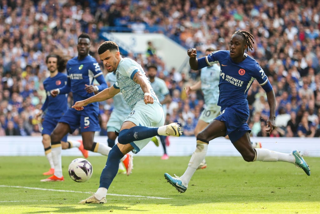 Dominic Solanke of Bournemouth with Trevoh Chalobah of Chelsea during the Premier League match between Chelsea FC and AFC Bournemouth at Stamford B...