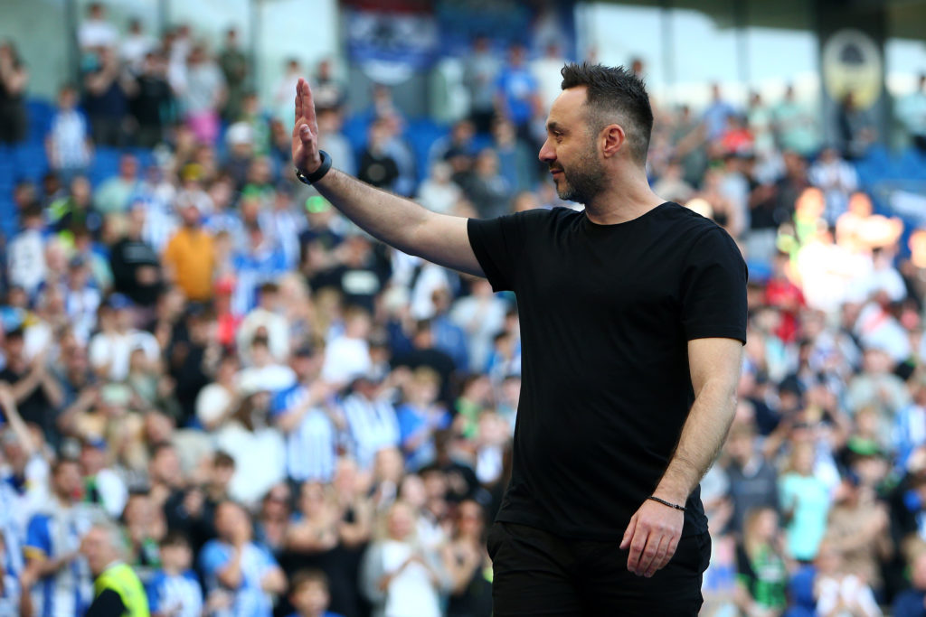 Roberto De Zerbi, Manager of Brighton & Hove Albion, acknowledges the fans following the Premier League match between Brighton & Hove Albio...