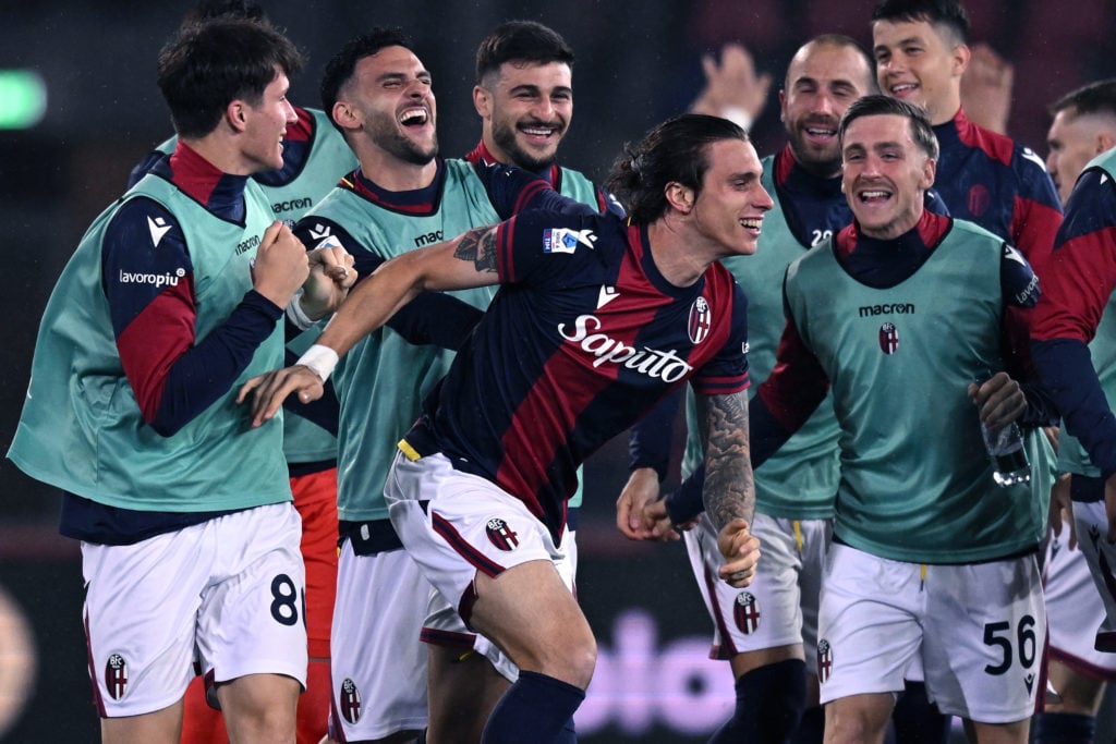 Riccardo Calafiori of Bologna FC celebrate after scoring goal 1-0 during the Serie A TIM match between Bologna FC and Juventus at Stadio Renato Dal...