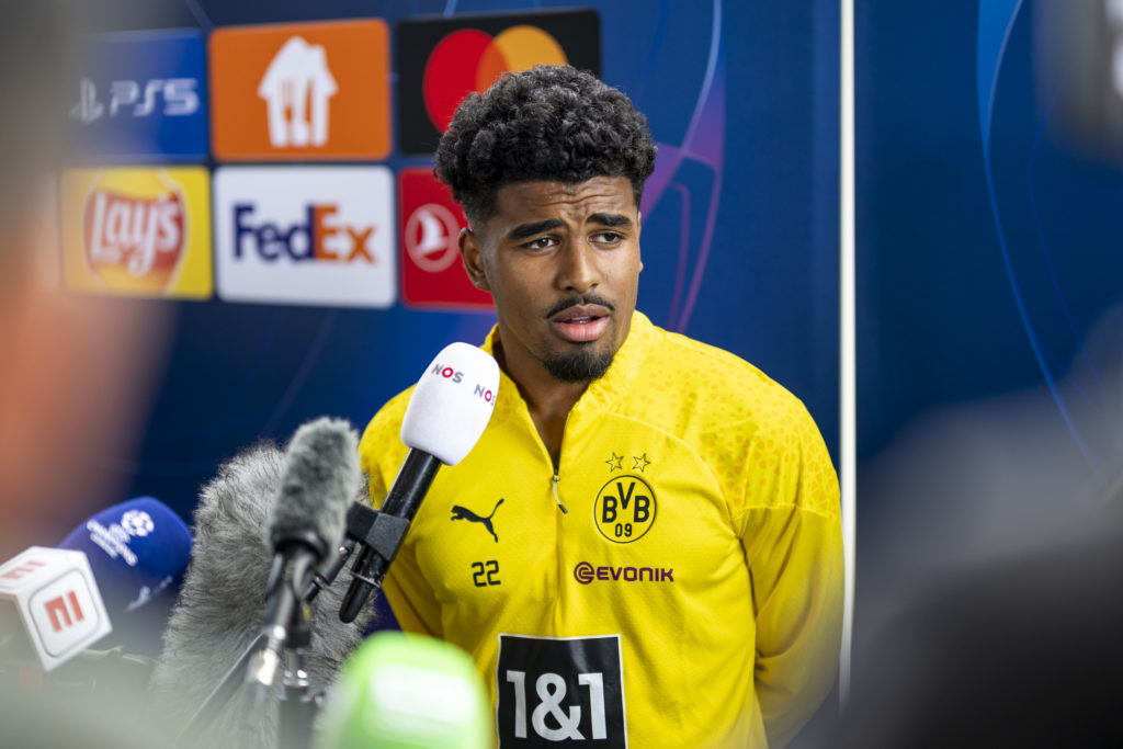 Ian Maatsen of Borussia Dortmund speaks to the press during the Open Media Day ahead of their UEFA Champions League Final against Real Madrid at Bo...