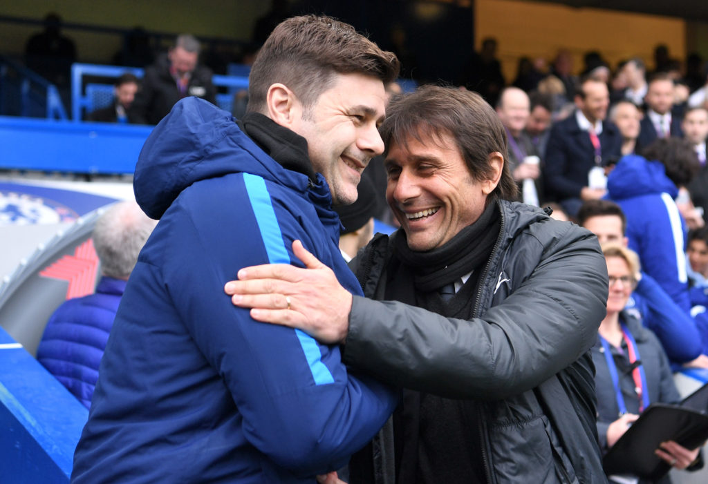 Mauricio Pochettino, Manager of Tottenham Hotspur and Antonio Conte, Manager of Chlsea  shake hands prior to the Premier League match between Chels...